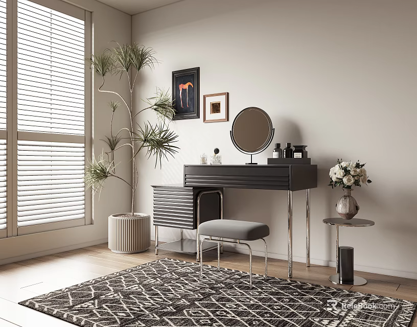 Modern Dressing Table Interior With Round Mirror Gray Stool Potted Plant And Patterned Rug 3d model 