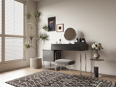Modern Dressing Table Interior With Round Mirror Gray Stool Potted Plant And Patterned Rug 3d model