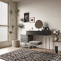 Modern Dressing Table Interior With Round Mirror Gray Stool Potted Plant And Patterned Rug