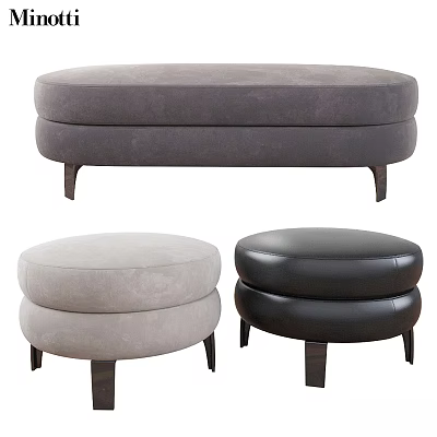 Modern Upholstered Ottomans in Gray Light Gray Black with Oval Round Shapes and Dark Legs 3d model