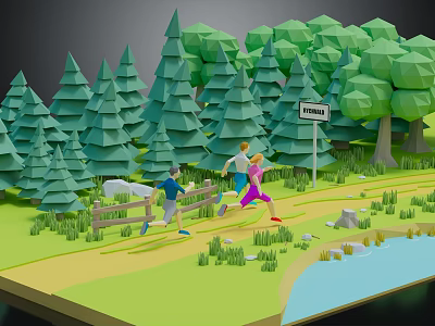 Cartoon Outdoor Scene With Green Polygonal Trees People Running Trail Sign Wooden Fence And Water 3d model