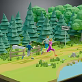 Cartoon Outdoor Scene With Green Polygonal Trees People Running Trail Sign Wooden Fence And Water