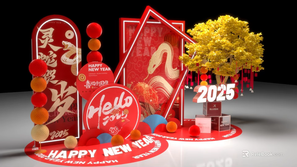 2025 Happy New Year Dragon Themed Red Decorations Golden Tree Photo Check In Spot 3d model 