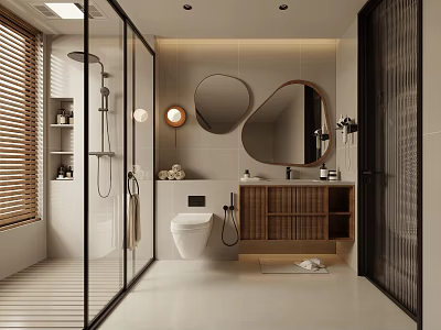 Modern Bathroom With Glass Shower Toilet Wooden Cabinet And Round Mirrors 3d model