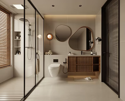 Modern Bathroom With Glass Shower Toilet Wooden Cabinet And Round Mirrors 3d model