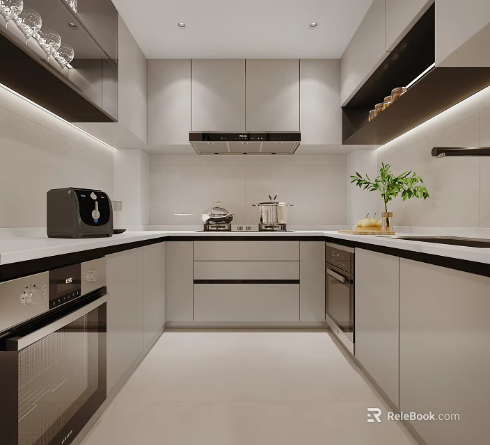 Modern Kitchen Interior With White And Gray Cabinets Black Countertops Appliances And Green Plant 3d model 
