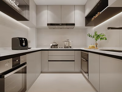 Modern Kitchen Interior With White And Gray Cabinets Black Countertops Appliances And Green Plant 3d model