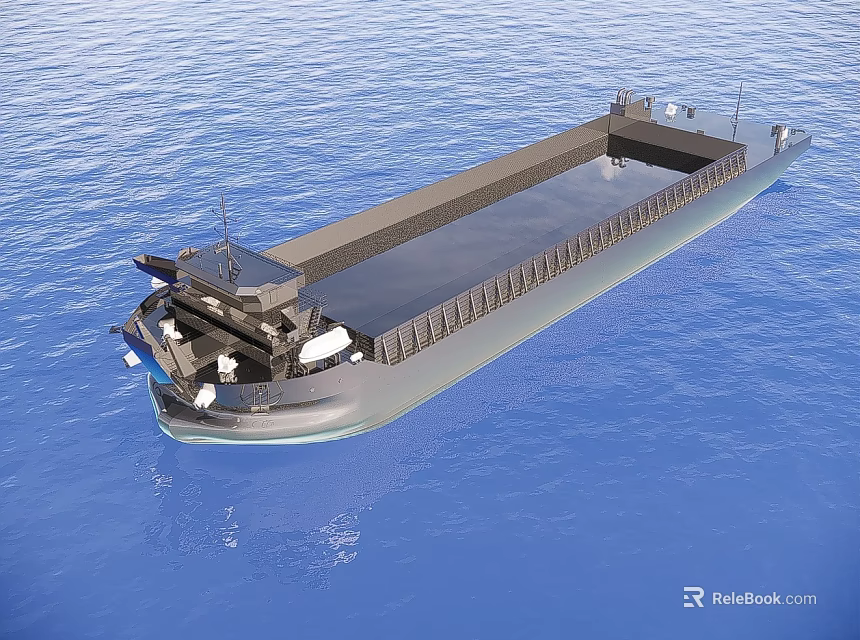 Cargo Ship Sailing On Blue Sea With Flat Deck And Hull Design 3d model 