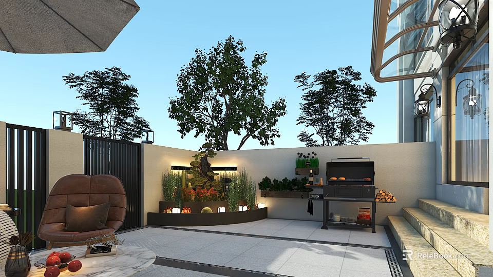 Serene Garden Landscape with Patio Trees Water Fountain Seating Grill Area and Lush Green Plants 3d model 