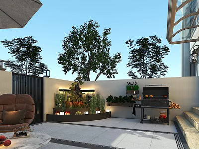 Serene Garden Landscape with Patio Trees Water Fountain Seating Grill Area and Lush Green Plants 3d model