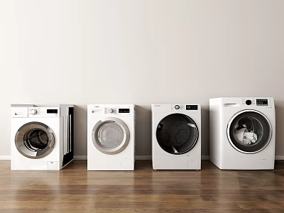 Four Front Load Washing Machines Arranged Side by Side on Wooden Floor with White Wall 3d model
