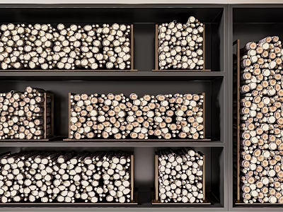 Neatly Stacked Stone Wood Logs Arranged On Black Shelves For Home Storage 3d model