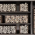 Neatly Stacked Stone Wood Logs Arranged On Black Shelves For Home Storage