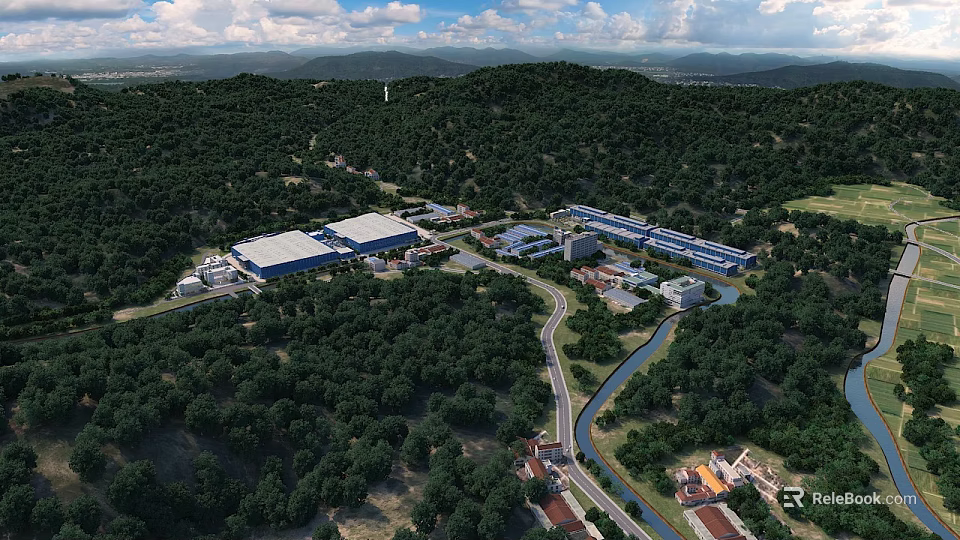 Aerial View of Industrial Factory Surrounded by Lush Forests River and Mountain Backdrop 3d model 