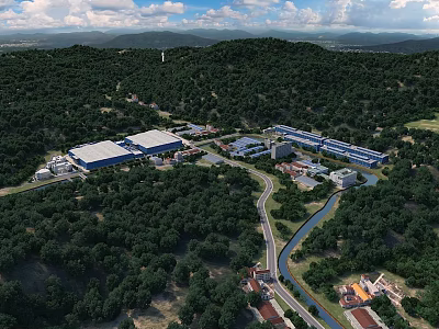 Aerial View of Industrial Factory Surrounded by Lush Forests River and Mountain Backdrop 3d model