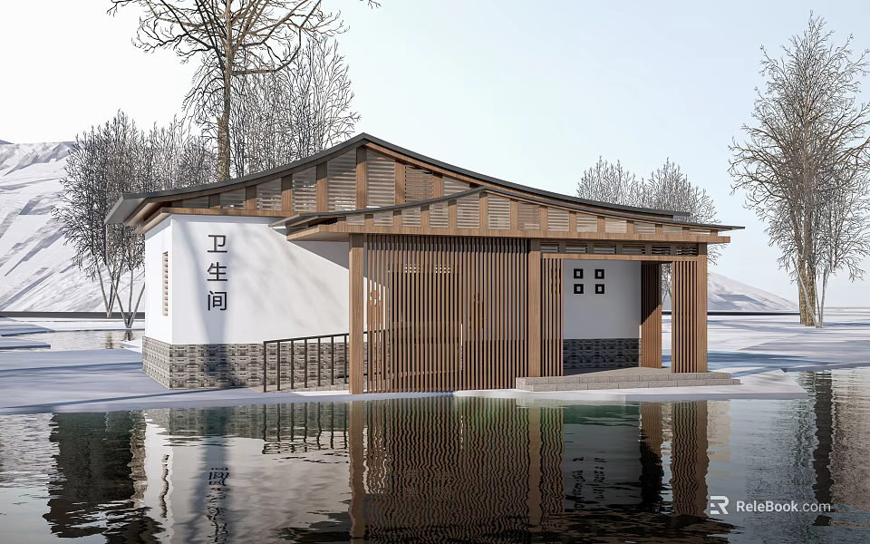 Traditional Style Public Restroom With Wooden Roof White Walls Surrounding Trees And Water Reflection 3d model 