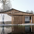 Traditional Style Public Restroom With Wooden Roof White Walls Surrounding Trees And Water Reflection
