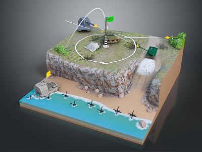 Cartoon Scenery of Cliff Island With Grass Lighthouse White Path Green Car Dock and Water 3d model