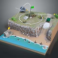 Cartoon Scenery of Cliff Island With Grass Lighthouse White Path Green Car Dock and Water
