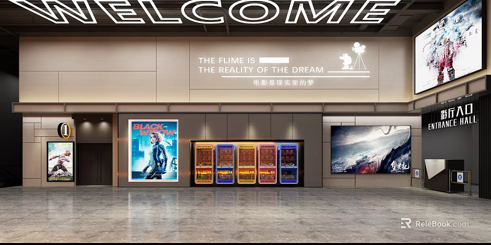 Modern Cinema Interior With Welcome Sign Movie Posters Ticket Machines And Film Reality Dream Slogan 3d model 