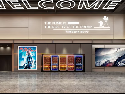 Modern Cinema Interior With Welcome Sign Movie Posters Ticket Machines And Film Reality Dream Slogan 3d model