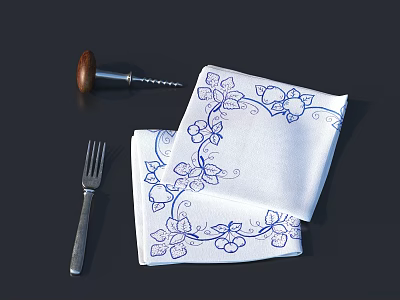 Tableware Set With Blue Floral Patterned Napkins Fork And Corkscrew 3d model