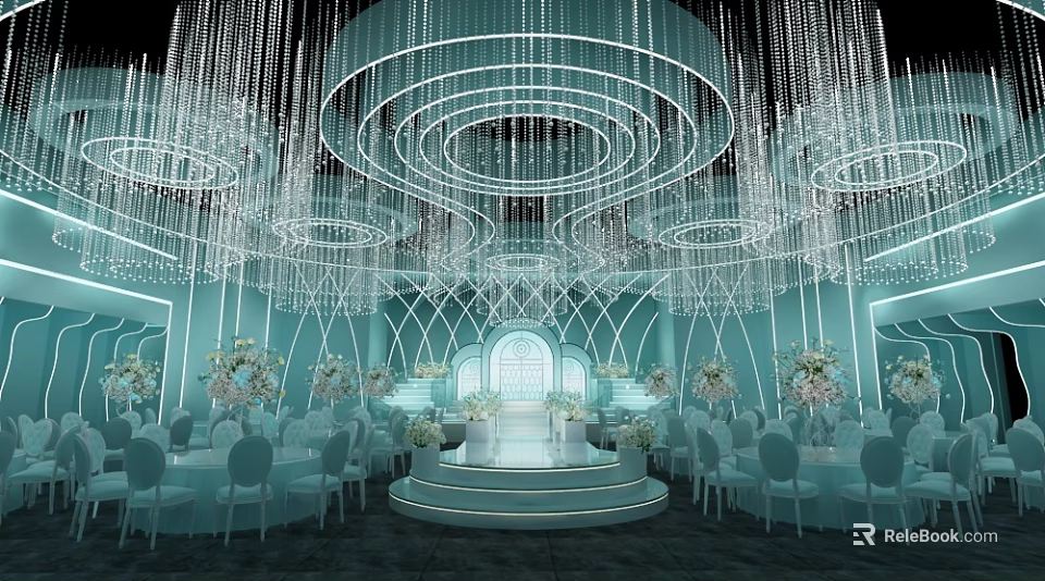 Luxurious Banquet Hall Interior With Crystal Chandeliers Light Blue Decor Central Stage And White Chairs 3d model 