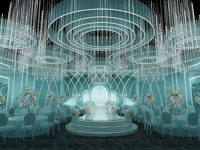 Luxurious Banquet Hall Interior With Crystal Chandeliers Light Blue Decor Central Stage And White Chairs 3d model