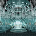 Luxurious Banquet Hall Interior With Crystal Chandeliers Light Blue Decor Central Stage And White Chairs