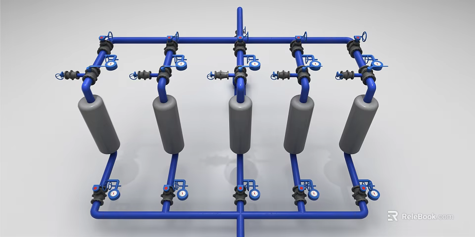 Blue Piping System with Gray Cylinders Valves and Connectors in Grid Layout 3d model 