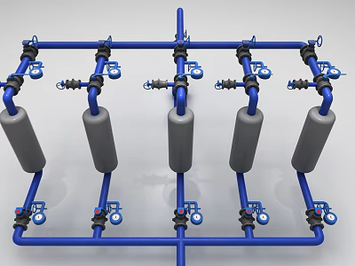 Blue Piping System with Gray Cylinders Valves and Connectors in Grid Layout 3d model