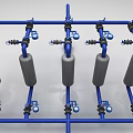 Blue Piping System with Gray Cylinders Valves and Connectors in Grid Layout