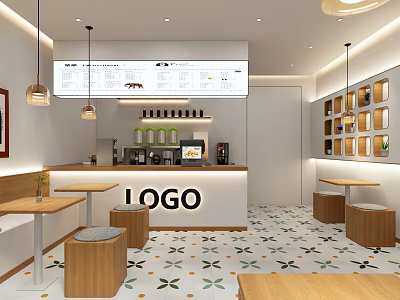 Modern Milk Tea Shop Interior Design With Menu Board Counter And Wooden Tables 3d model