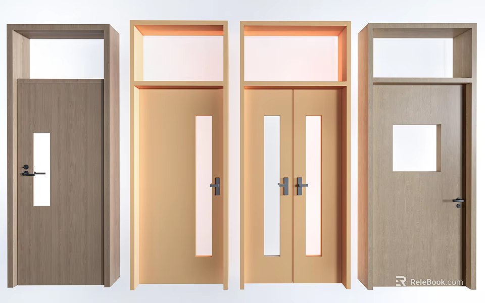 Four Different Wooden Door Designs With Dark Brown Light Wood Gray And Window Details 3d model 