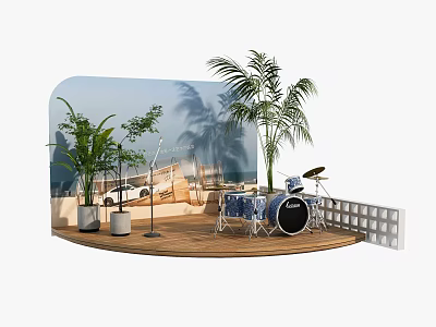 Wooden Stage With Drum Set Palm Trees Plants And Blue Background 3d model