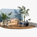 Wooden Stage With Drum Set Palm Trees Plants And Blue Background