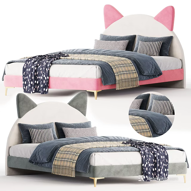 Cute Kids Bed with Cat Ear Design Pink Gray Headboard White Frame and Striped Plaid Bedding 3d model 