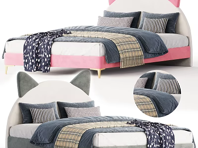 Cute Kids Bed with Cat Ear Design Pink Gray Headboard White Frame and Striped Plaid Bedding 3d model