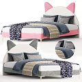 Cute Kids Bed with Cat Ear Design Pink Gray Headboard White Frame and Striped Plaid Bedding