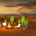 Outdoor Desert Tea Break Area With Sunset Campfire White Folding Chairs And Cacti Silhouettes