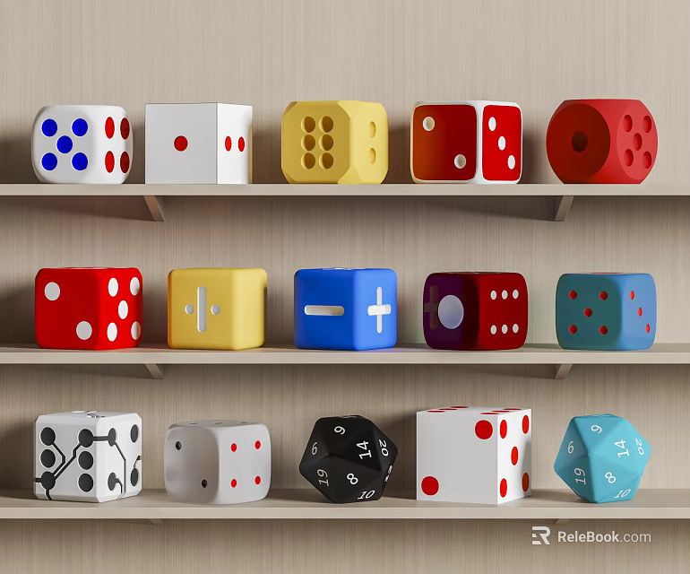 Colorful Household Dice on Shelf Display with Various Styles and Colors 3d model 