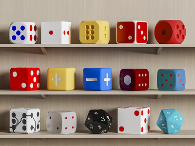 Colorful Household Dice on Shelf Display with Various Styles and Colors 3d model