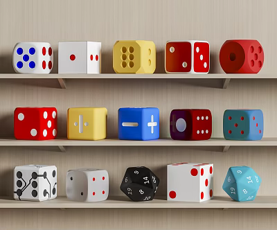 Colorful Household Dice on Shelf Display with Various Styles and Colors 3d model