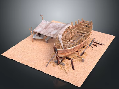 Ancient Wooden Ship Model With Tent Structure On Sand Base And Wooden Frames 3d model