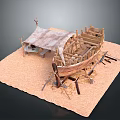 Ancient Wooden Ship Model With Tent Structure On Sand Base And Wooden Frames 3d model