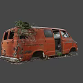 Old Rusted Orange Van With Broken Windows And Leaves On Roof 3d model