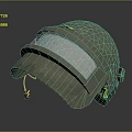 Military Green Helmet With Transparent Visor And Worn Details On Dark Background