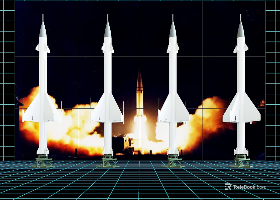 White Rocket Models Display With Launch Background Flames And Grid Floor 3d model 