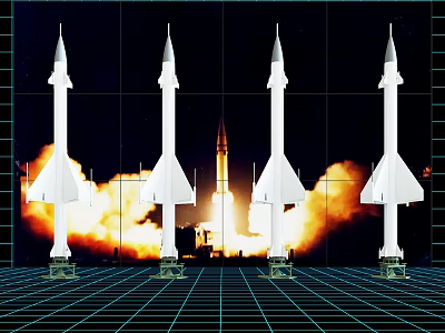 White Rocket Models Display With Launch Background Flames And Grid Floor 3d model