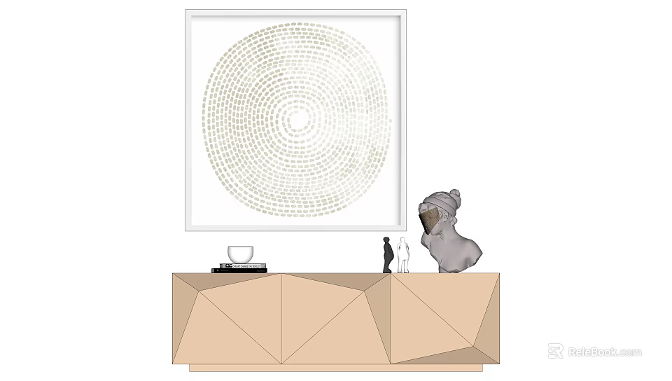 Modern Decorative Circular Painting On Geometric Side Cabinet With Animal Figurines Cup And Books 3d model 